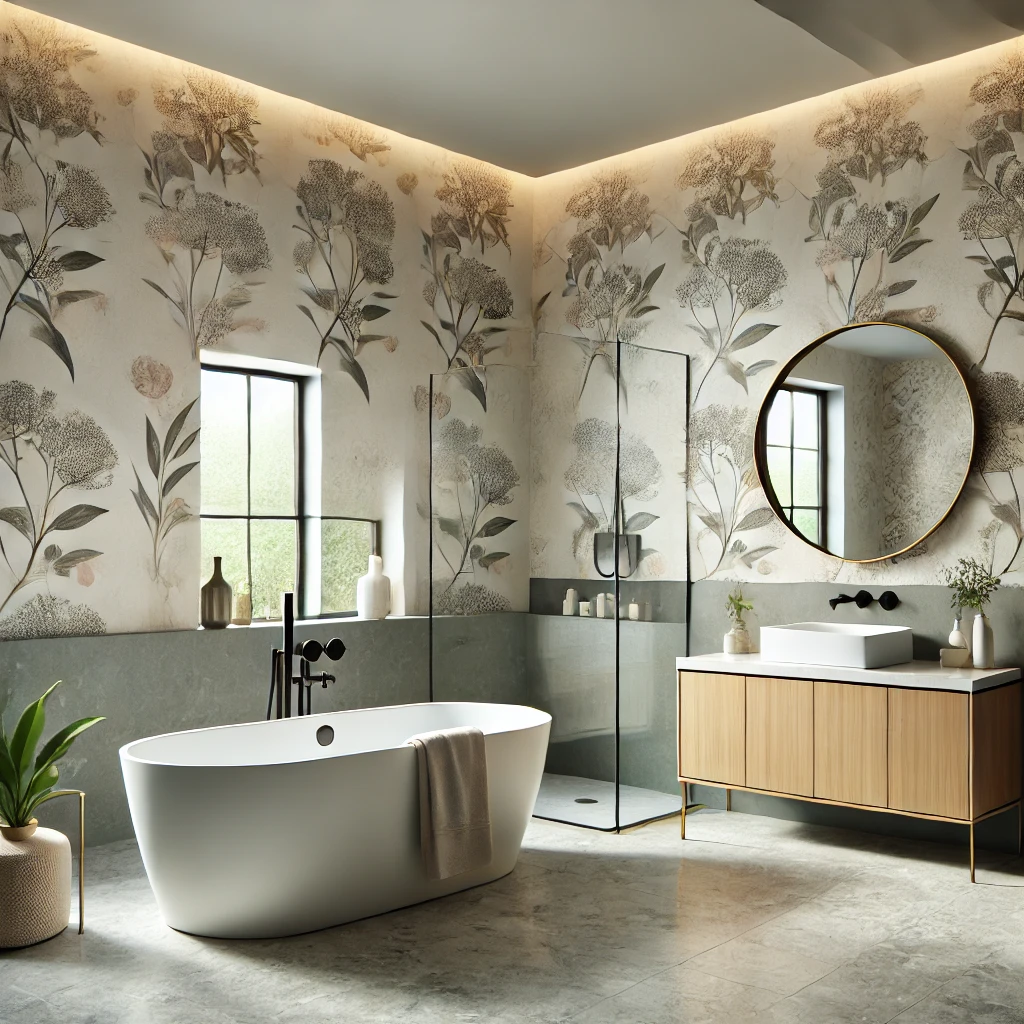 Cozy bathroom with wallpaper
