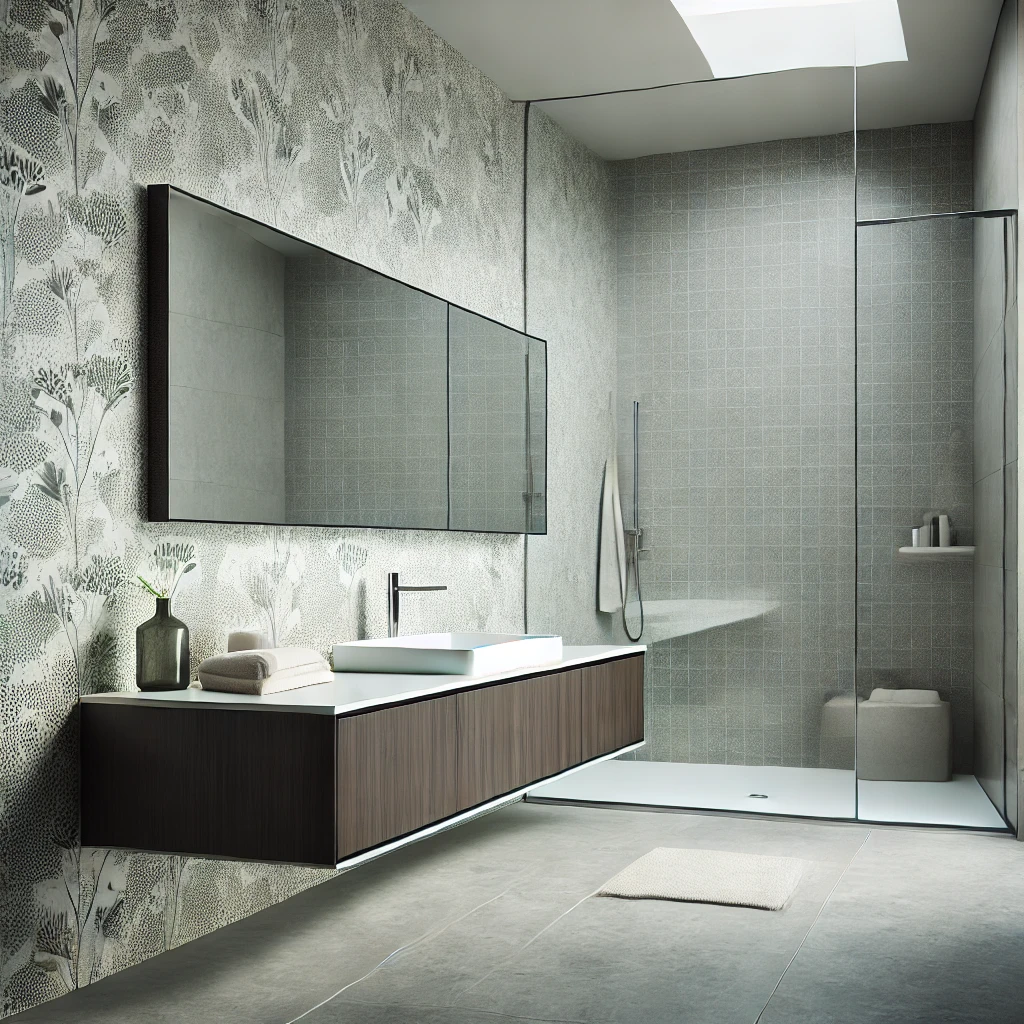 Accent wall in bathroom with wallpaper